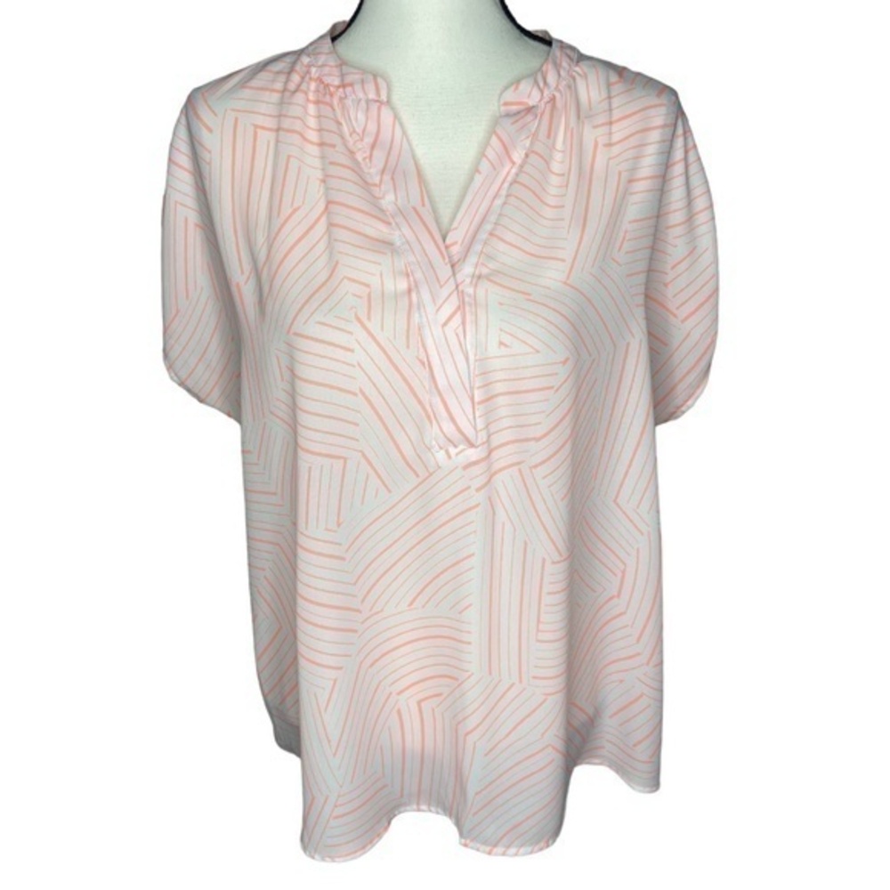 Apt 9 Blouse Top White and Neon Coral Geometric Print Sheer Short Sleeve‎ Size L